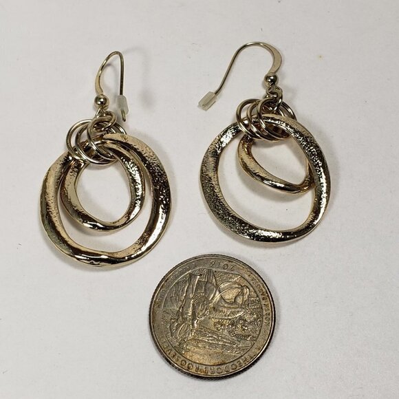 Gold-Tone Textured Hoop Dangle Earrings – Interlocking Statement Design - 2-inch - Picture 6 of 7